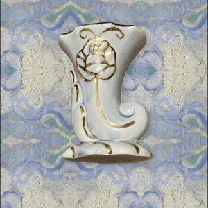 Vintage Cornucopia Vase 22 Kt Gold Trim, Ivory Bisque, Art Nouveau Vanity Decor
